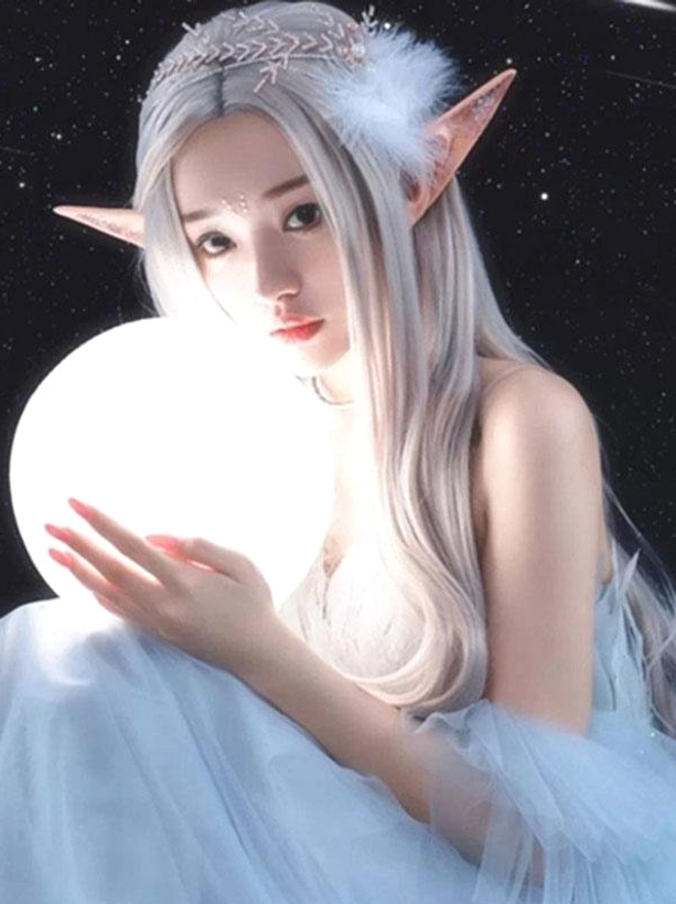Silver grey wavy lolita wig on elf model with pointed ears and feather crystal hair band, left three-quarter profile against starry night background showing alternative styling option