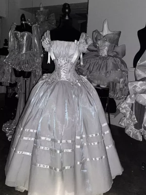 silver lolita ball gown corset waist floor-length full skirt satin ribbon accents princess fairy dress