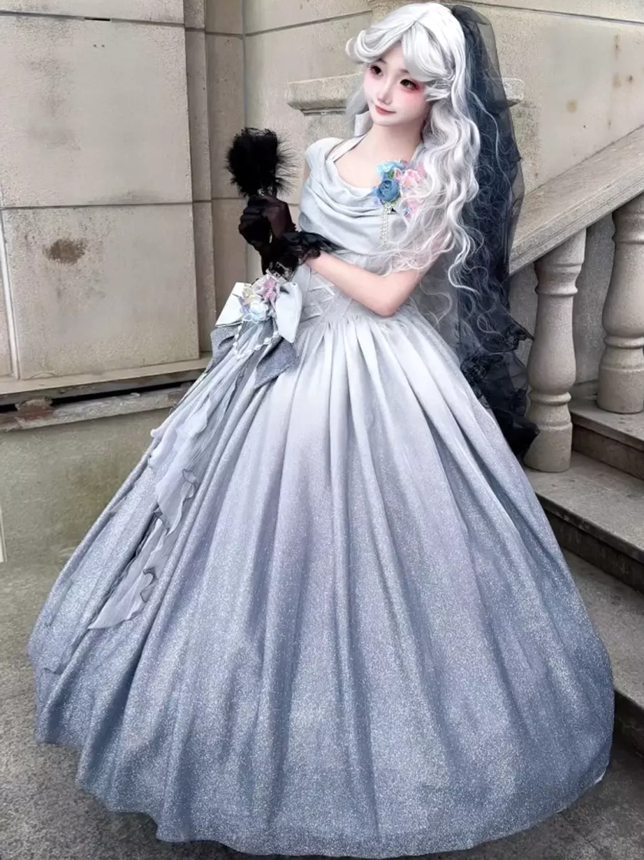 Silver sweet lolita ball gown side three-quarter view asymmetrical waist decoration off-shoulder neckline model holding black feather fan with veil