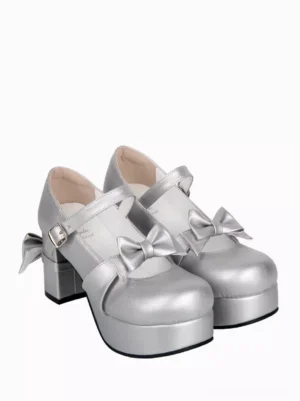 silver mary jane lolita heels side three-quarter view adjustable ankle strap round closed toe bow details
