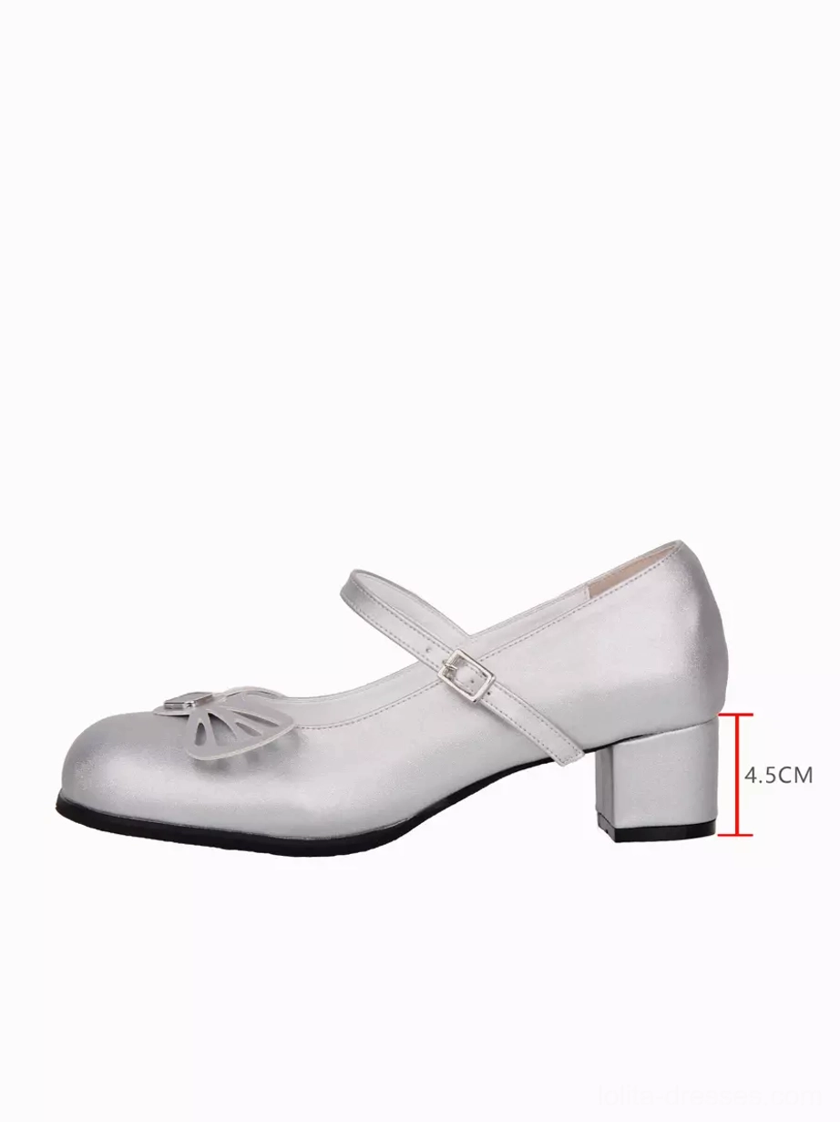 Silver Lolita Mary Jane pump left side profile with heel height measurement marker showing 4.5cm block heel, hollow bow decoration, and ankle buckle strap