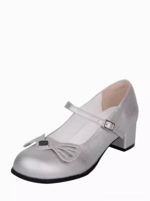 Single silver Lolita Mary Jane pump displayed in left front three-quarter view showing hollow toe bow, adjustable ankle strap buckle, and polished PU leather finish