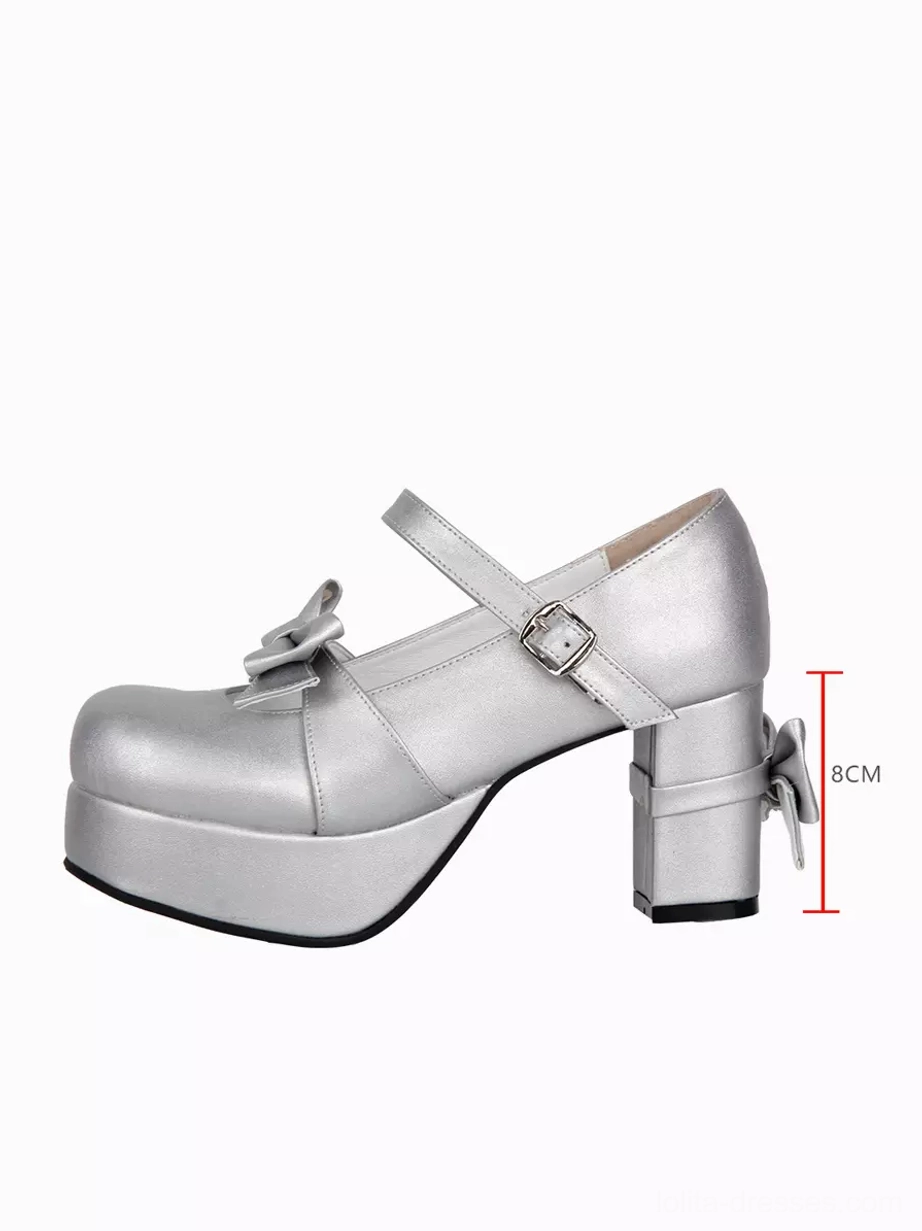 single silver lolita pump side three quarter view showing 8cm block heel platform sole and metallic silver pu leather finish quality