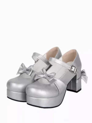 silver lolita platform pumps front three-quarter view metallic bow embellishment round toe ankle strap