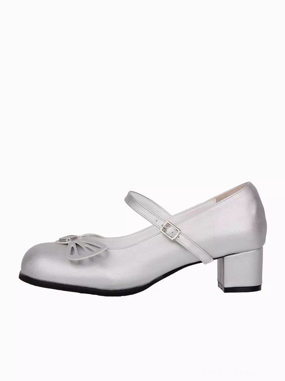 Single silver Lolita pump shown in right side profile view revealing block heel shape, metallic PU leather shine, and ankle strap buckle closure