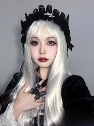 Silver-white long straight Lolita wig with air bangs featuring black lace Gothic hair crown, front half-body styling view