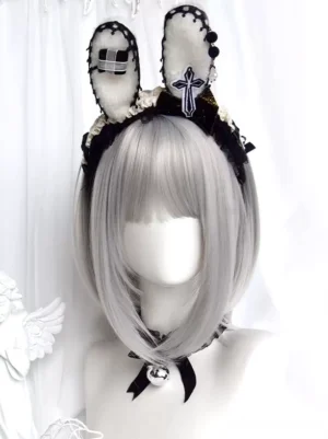Gothic lolita silver bob wig with cross-decorated rabbit ear headband and bell pendant choker detailed front view