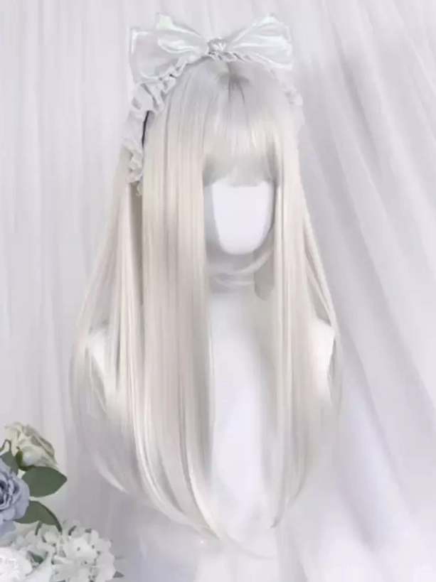 Silver-white long straight Lolita wig with lace bow hairband styled on mannequin with neat front bangs