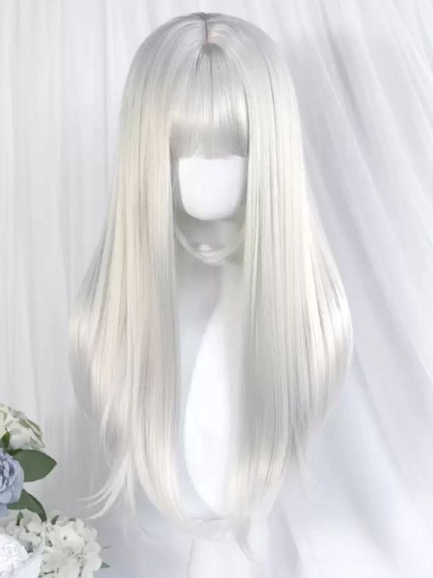 Silver long straight Lolita wig on plain mannequin head showing smooth texture and extended length with elegant styling