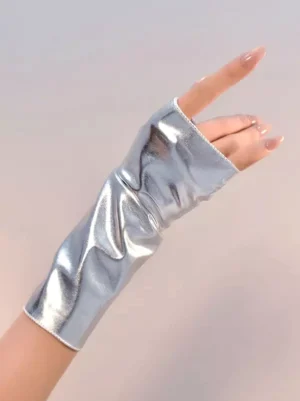 Silver patent leather fingerless oversleeves gauntlets side close-up hand gothic lolita techwear accessories