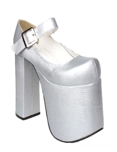 Single silver platform Mary Jane lolita heel front-side view metallic finish oversized block platform white ankle strap