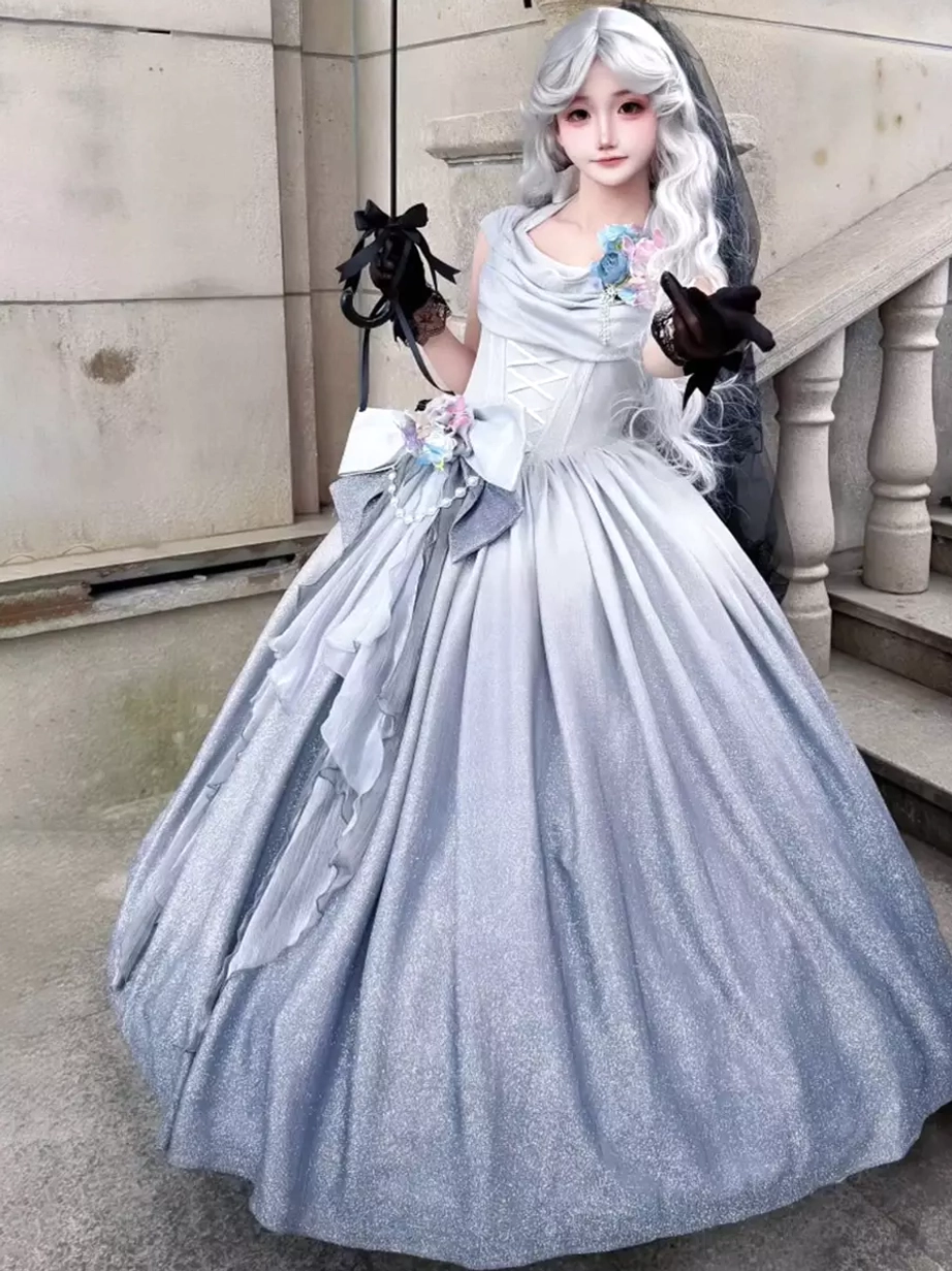 Silver sleeveless sweet lolita dress three-quarter front angle corset bodice flowy full skirt chest floral decorations model holding black gloves