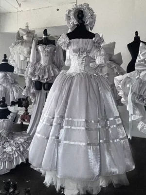 silver sweet lolita tea party dress front view square neckline layered satin trim ruffled headpiece elegant fairy dress