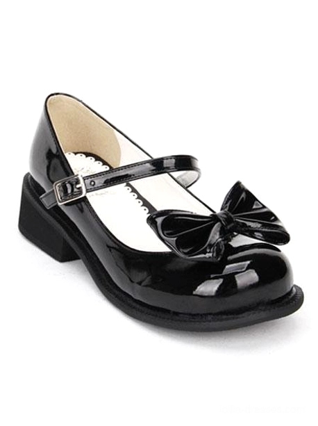 single black lolita mary jane shoe side three quarter perspective round toe buckle ankle strap front bow patent leather finish