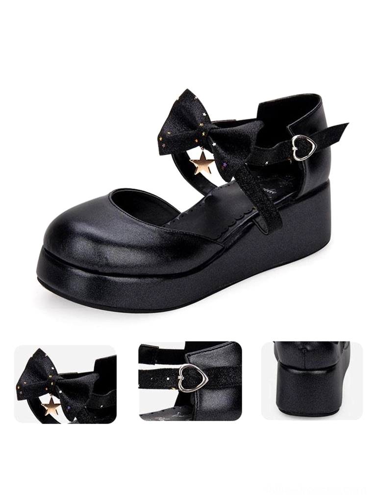 Single black Lolita platform shoe three-quarter side view closed round toe thick wedge platform sole