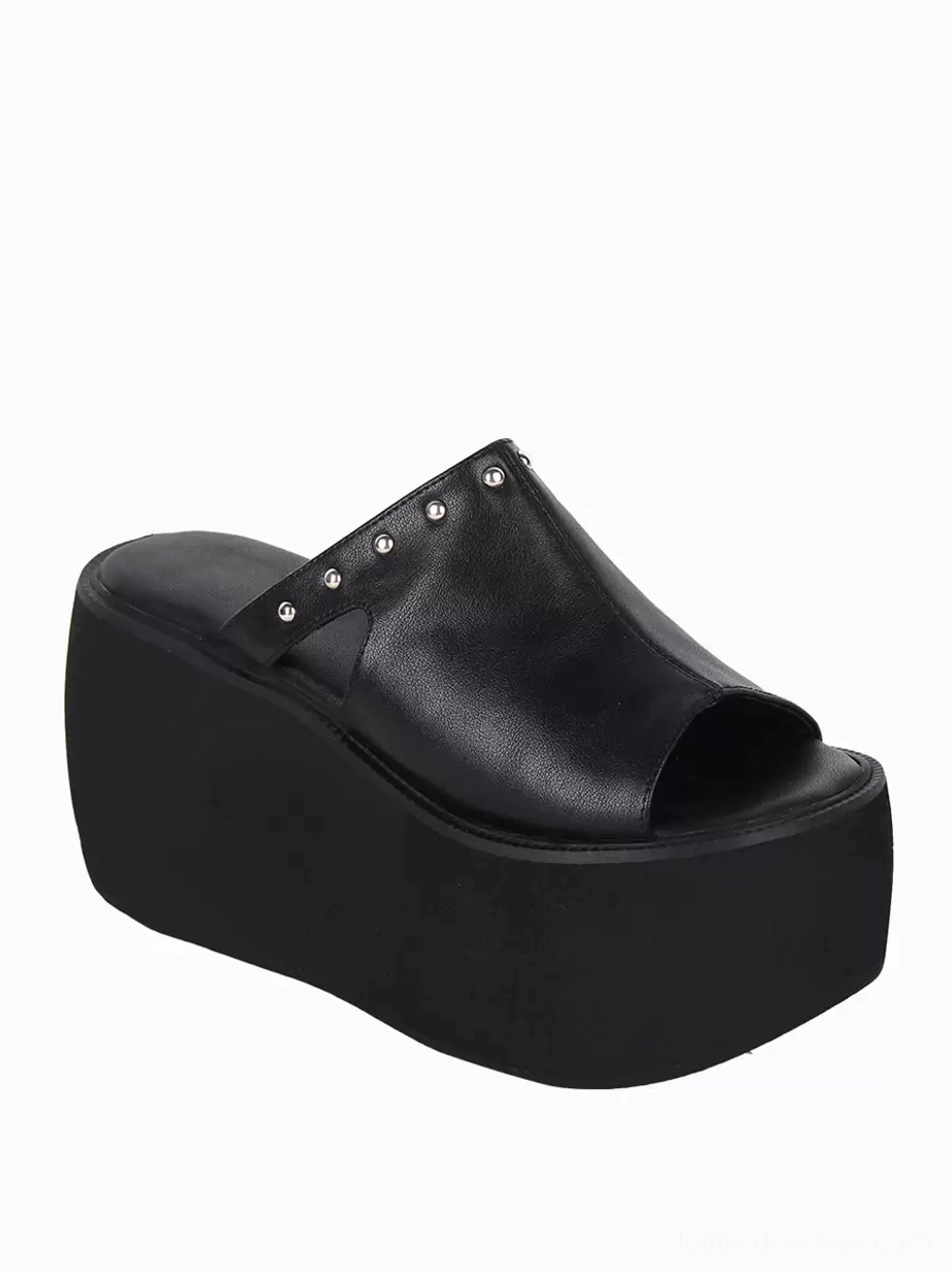 Single black platform slide sandal side profile open toe rivet decorated strap solid wedge platform gothic lolita