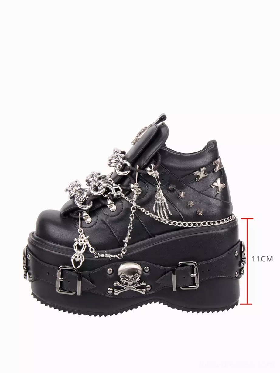 Single gothic lolita wedge platform shoe left side profile eleven centimeter thick wedge sole silver chains skull decorations