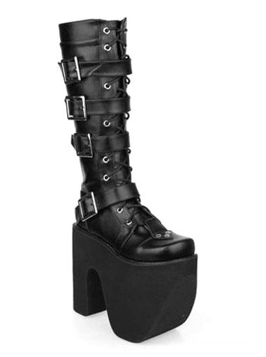 Single black gothic platform boot side angle showing multiple buckles, lace-up front closure, metal hardware, and thick block heel