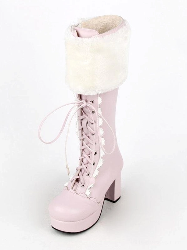 Single sweet pink lolita platform boot front view displaying white fuzzy collar, decorative lace-up detailing, chunky platform heel, and patchwork construction