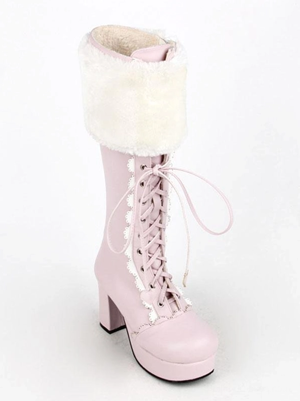 Single sweet pink lolita mid-calf boot side angle showing white fluffy cuff, lace-up front construction, platform heel with lace trim detail