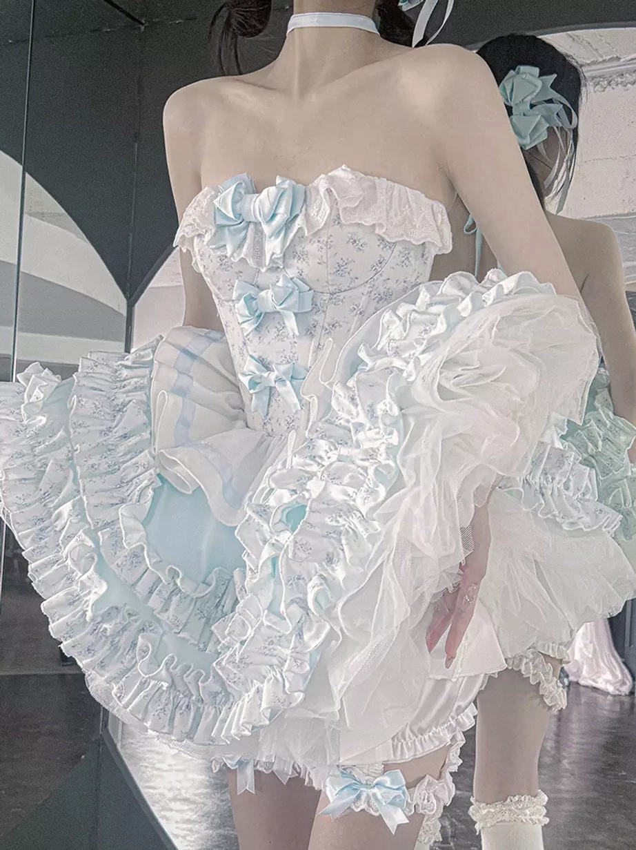 Sky ballet lolita dress back view on dress form showing strapless bodice blue floral bows multi-layer ruffled tulle skirt construction details