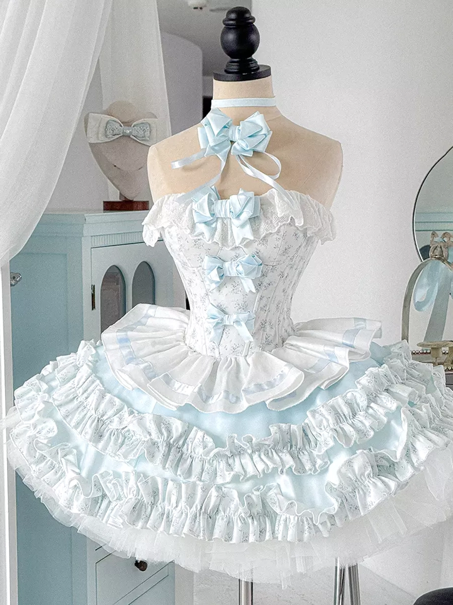 Sky ballet sweet lolita dress set front full view on dress form showing tiered ruffled tulle skirt with blue bows halter neck design light blue white color scheme