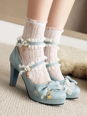 sky-blue-rococo-ruffled-lolita-pumps-chunky-heel-side-view-feet-wearing-lace-socks-sweet-style