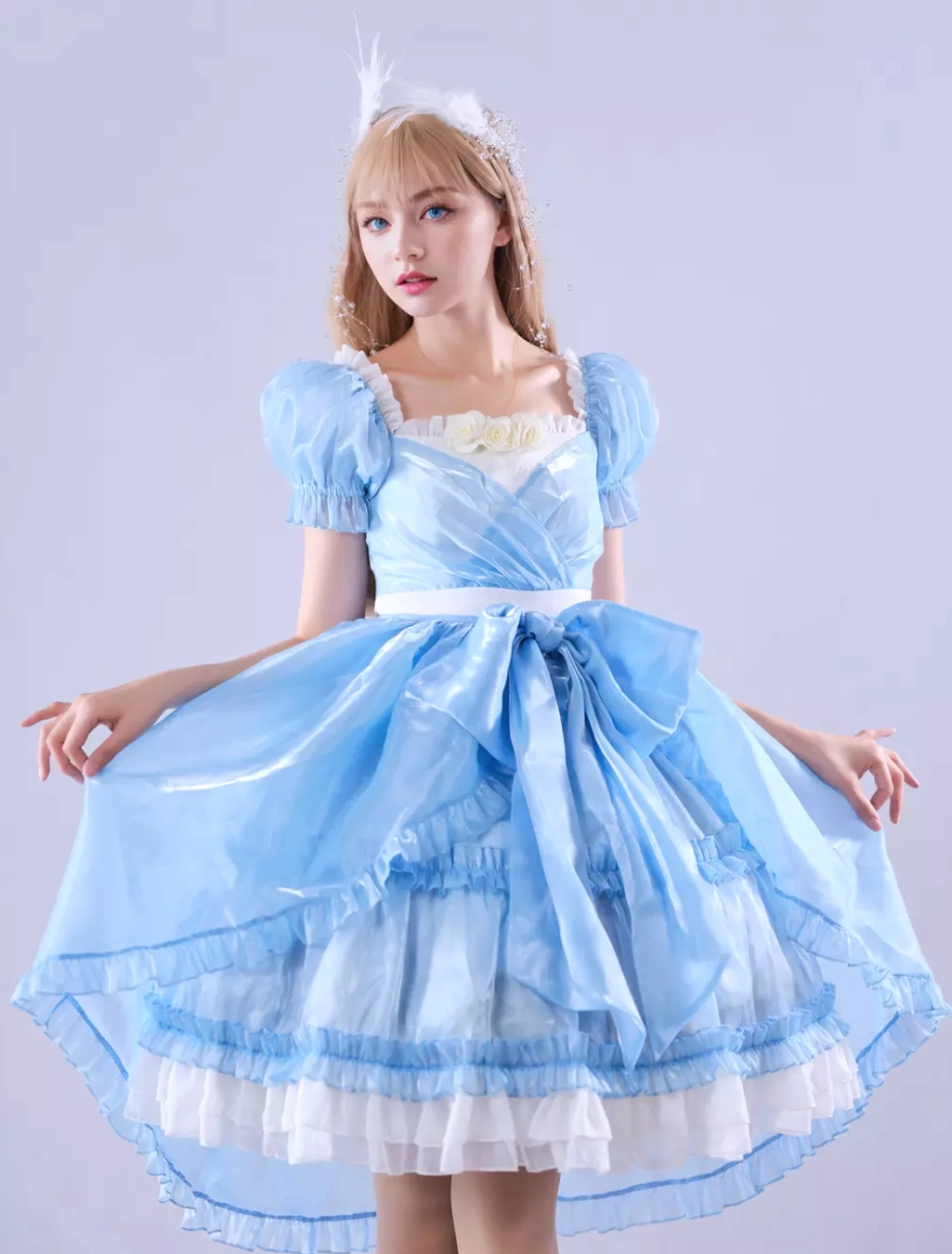 Sky blue sweet lolita dress paired with white Mary Jane shoes, lace ankle socks, and coordinating accessories for complete sweet lolita fashion ensemble