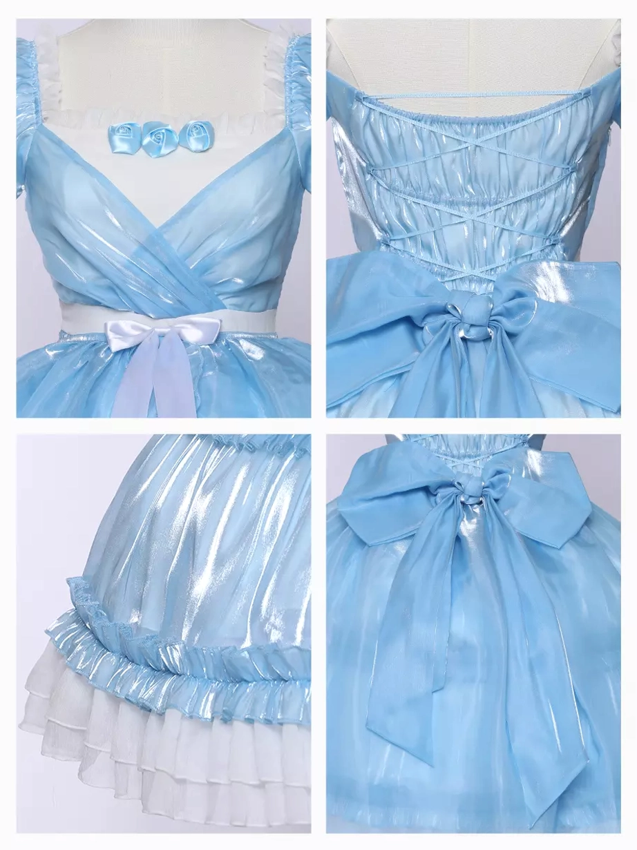 Sky blue lolita dress layering suggestions showing versatility with long-sleeve blouse underneath for seasonal transitional wear and extended wearability