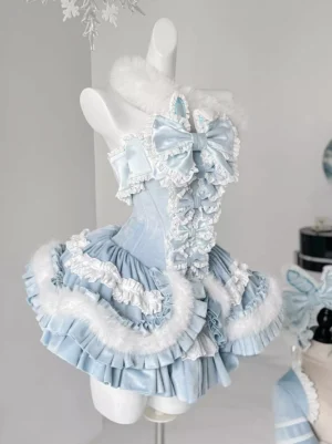 Sky blue lolita dress left three-quarter view corset bodice layered ruffle skirt fur collar