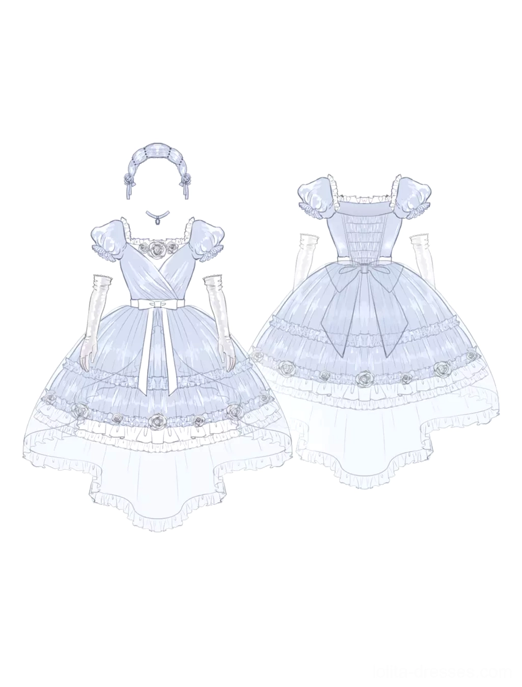 Sky blue sweet lolita dress size chart with bust and waist measurements in both centimeters and inches for accurate fitting across all size options