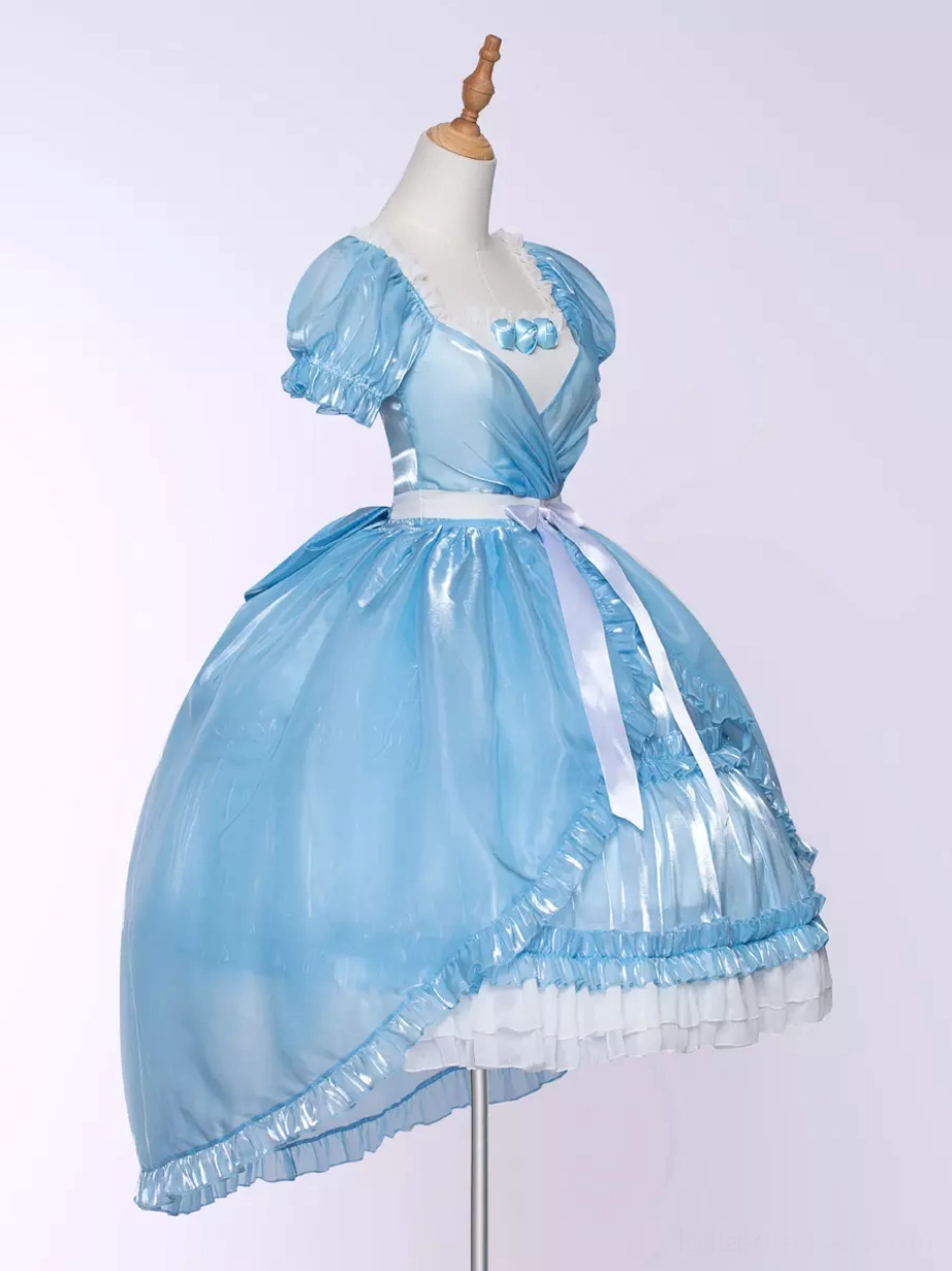 Sky blue lolita dress waist detail featuring decorative satin bow, high-quality stitching, and layered skirt construction from multiple angles