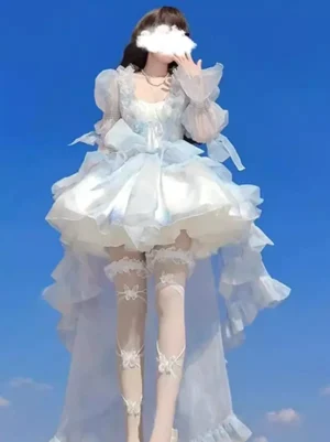 sky-blue-fairy-lolita-gown-with-ruffled-train-side-front-view-gradient-organza-fabric-sweet-lolita-dress-with-bow-detail