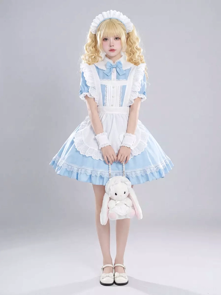 Sky blue maid lolita dress full body front presentation featuring white mary jane shoes, closed hand posture with accessories, complete maid outfit with headwear and bow details