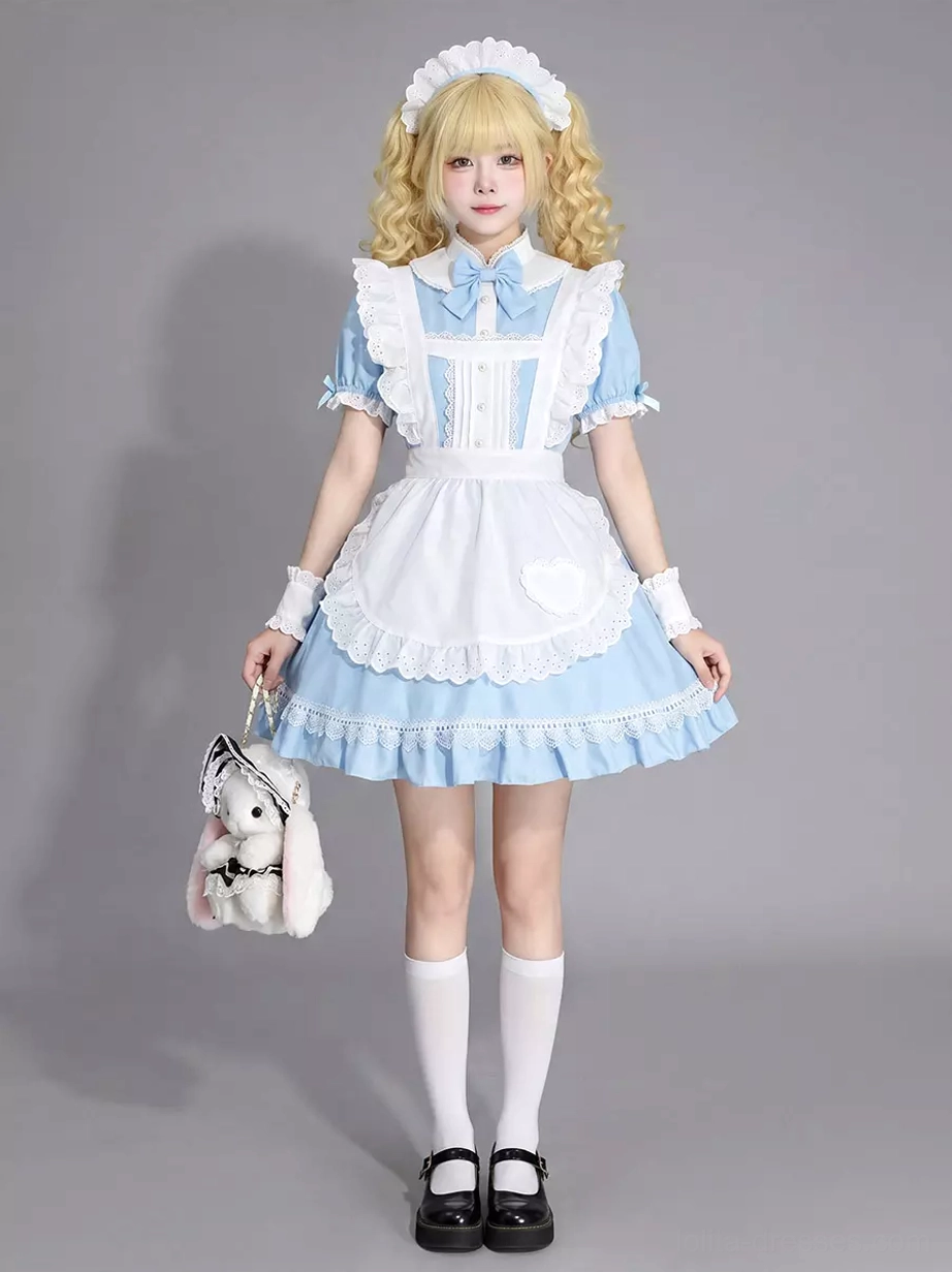 Blue maid lolita costume full body front view featuring white maid headband, solid white stockings, black flat shoes, and model holding decorative black-white rabbit plush bag