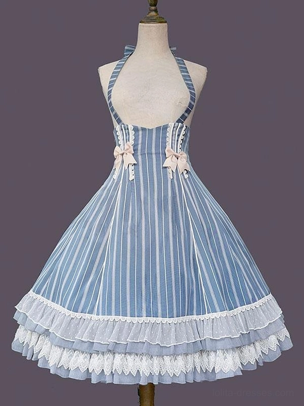 Sky blue striped classic lolita jumper dress on mannequin, front full display showing halter straps, vertical stripes, and decorative bows