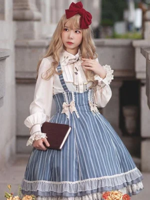 Classic lolita striped dress with decorative bows and ruffled white blouse, front close-up showing waist bows and structured silhouette