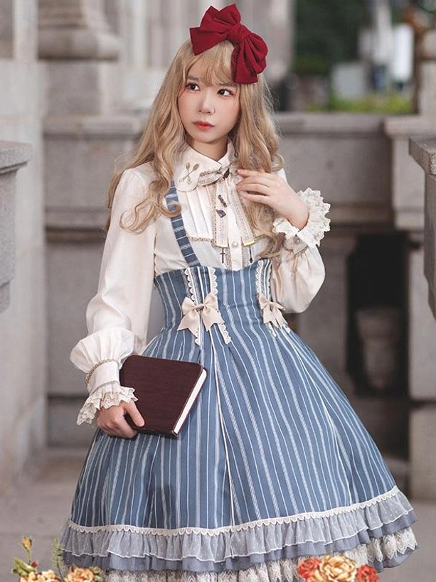 Classic lolita striped dress with decorative bows and ruffled white blouse, front close-up showing waist bows and structured silhouette