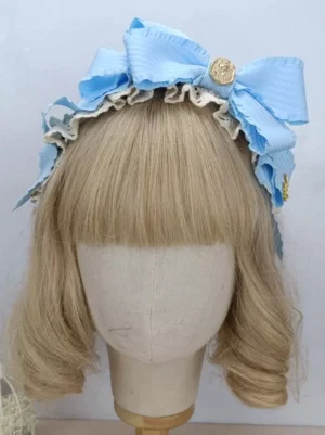 Sky blue striped lolita bow hairband with beige ruffled edge and gold brooch on mannequin - sweet lolita rococo headwear accessory
