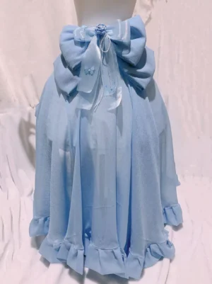 Sky blue sweet lolita detachable train tail accessory front full view on dress form showing sheer chiffon ruffled skirt hem and large front bow embellishment