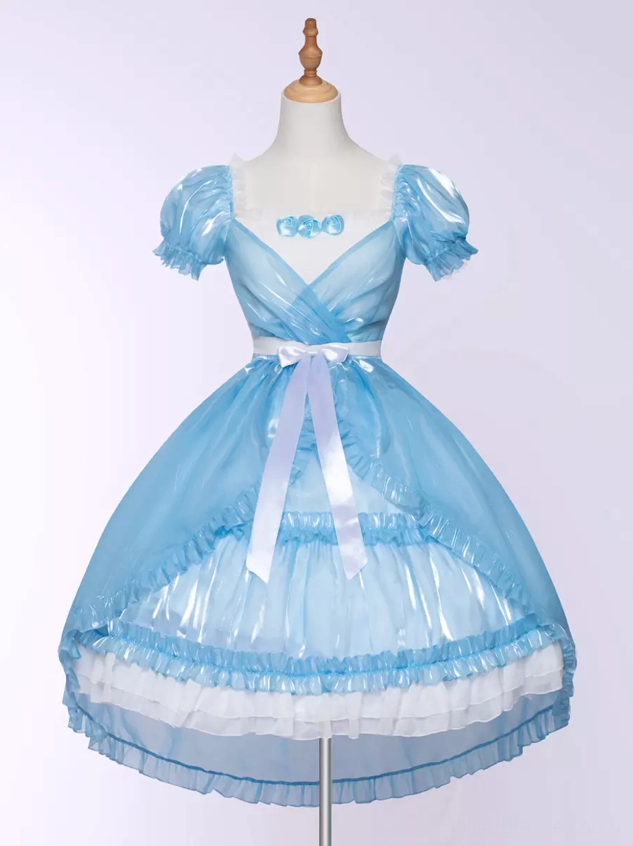 Sky blue sweet lolita dress close-up of off-shoulder puff sleeve construction, ruffle trim, and satin accent details showing premium craftsmanship