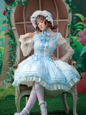 Light sky blue sweet lolita princess dress front three-quarter view with ruffled skirt sheer sleeves and matching flower bonnet