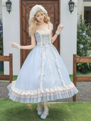 Sky blue sleeveless sweet lolita dress front full-body view outdoor residential setting model wearing white lace ruffles layered hem