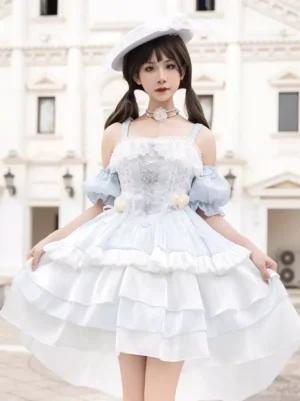 Light blue sweet Lolita jumper dress front full-body view outdoor European-style building backdrop off-shoulder puff sleeves layered ruffled skirt floral decorations