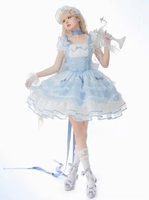 Sleeveless blue sweet Lolita jumper skirt dress with lace trim neckline, blue choker, and dramatically tiered ruffled skirt - fairy tale Lolita aesthetic front view