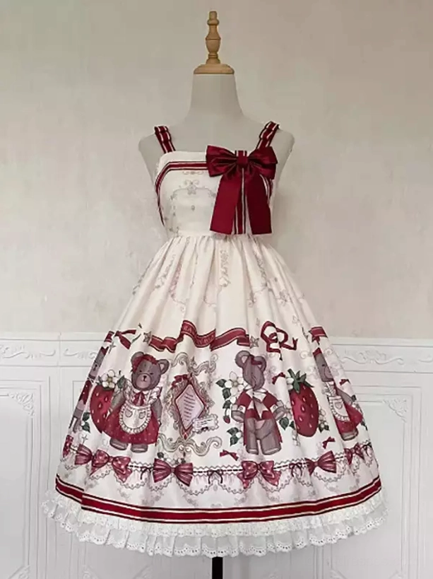 Sleeveless sweet lolita jsk dress front display plain wall big burgundy bow bear strawberry prints lace hem