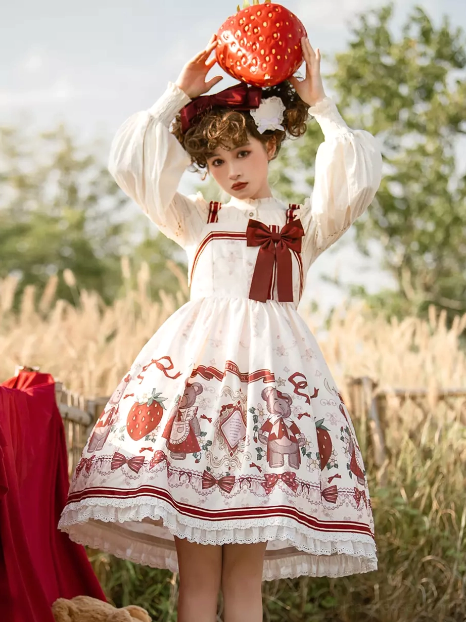 Sleeveless sweet lolita jsk dress full front grassland large strawberry giant red front bow