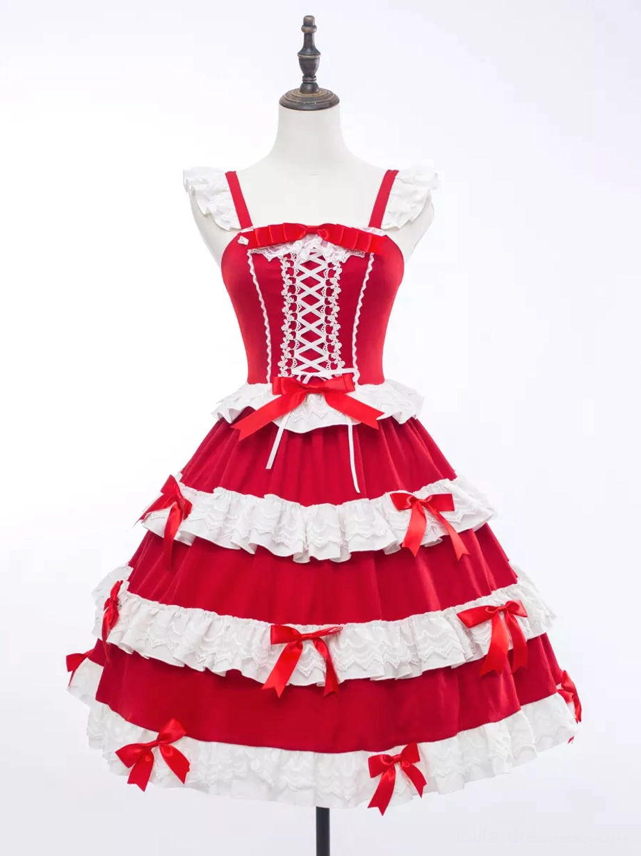 Sleeveless sweet lolita jumper dress red white tiered lace ruffles corset front bows mannequin product shot