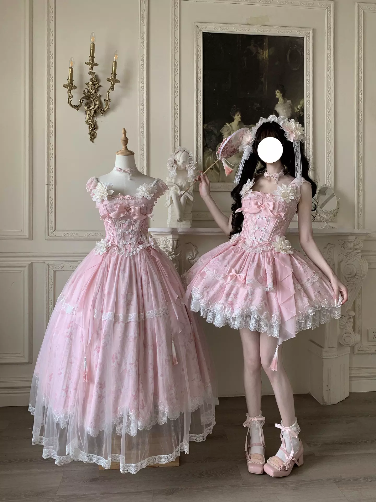 Sweet lolita fairy dress worn with coordinating accessories including vintage jewelry headbow and styled presentation