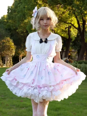 soft pink floral lolita skirt with dual ruffle lace hem front view outdoor park setting blonde model wearing black bow collar